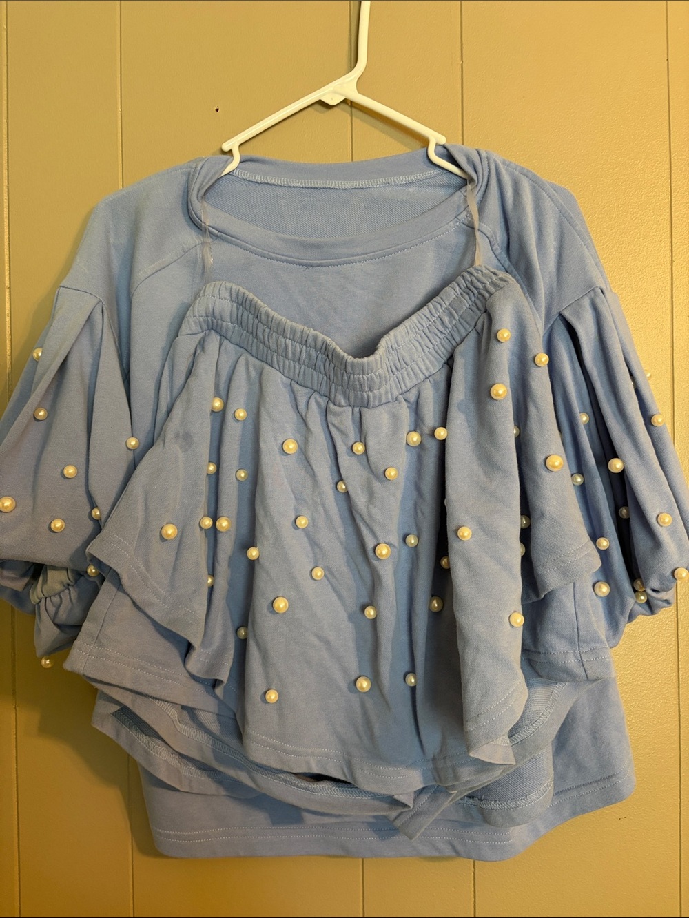 entro Light Blue Pearl-Studded Ruffle Sweatshirt